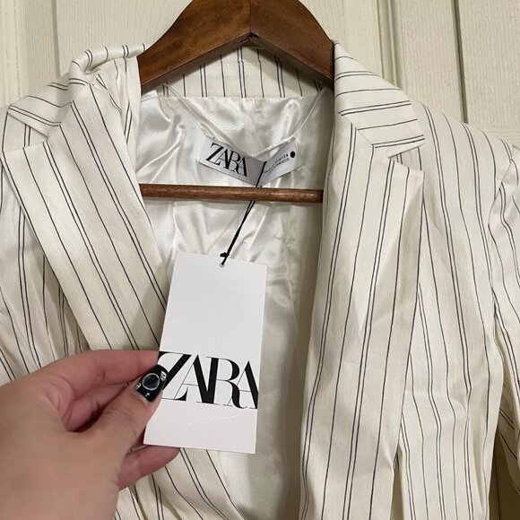 Zara Womens NWT Striped Wrap Button Cream Linen Blend Short Jacket Blazer XS - Picture 4 of 10